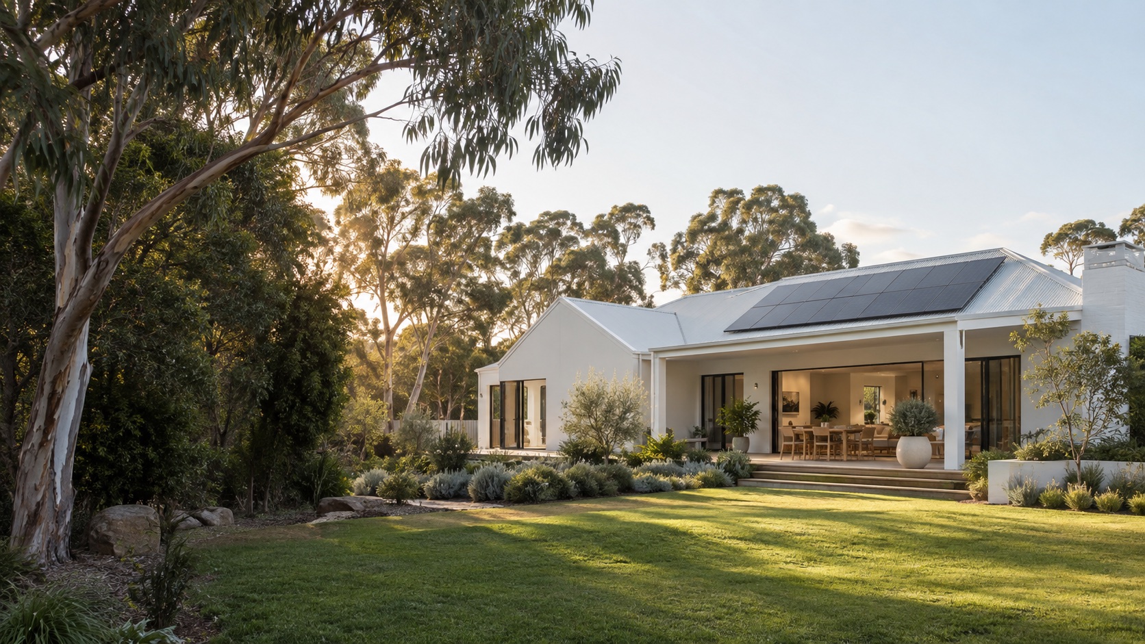 Illustration of an Australian home with rooftop solar and a native garden